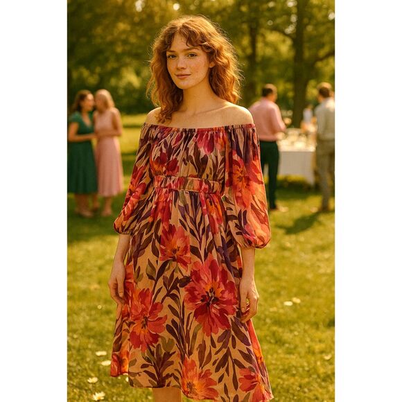 Floral Print Off the Shoulder MIDI Dress Sz L High waist Babydoll Style Coquette - Picture 1 of 12